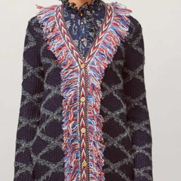TORY BURCH TWEED TRIM LONG WOOL CARDIGAN WITH ALLOVER FRINGE IN TORY NAVY SIZE S - Picture 5 of 8